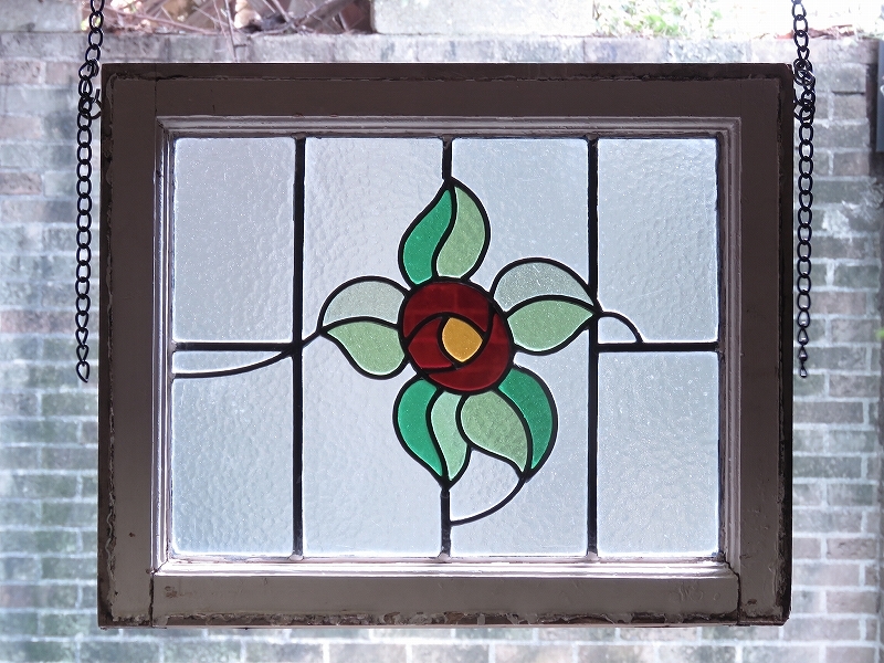 イギリスの古いステンドグラス/薔薇の花柄/窓枠/飾り窓/ドア/店舗什器/ディスプレイ/インテリア雑貨/内装/建具/新築/リフォーム/AL-2252拍卖