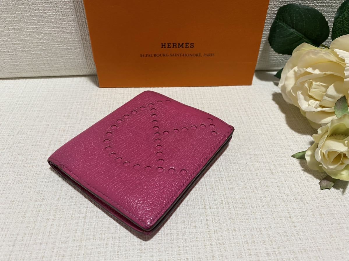美品可愛い☆HERMESエルメスエブリンパンチングコンパクトウォレット二つ折り財布札入れカードケース名刺入れ2つ折り財布ローズティリアン拍卖