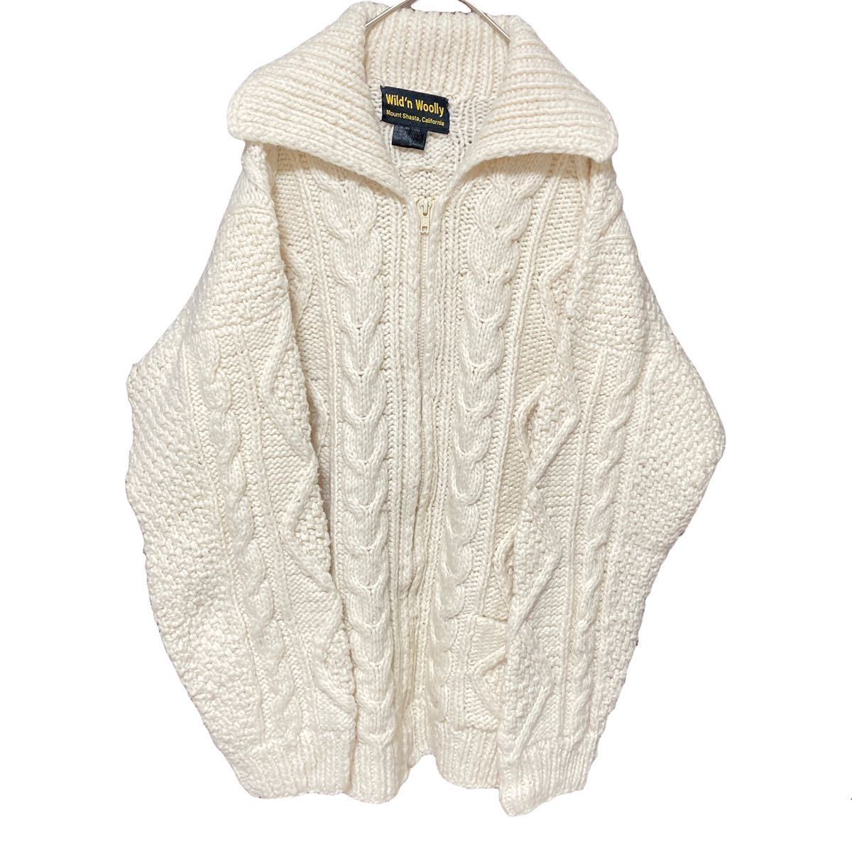 古着 エクアドル製 ハンドメイド フィッシャーマンニット アランニット ジップカーディガン フリーサイズ ジップアップ ユニセックス拍卖