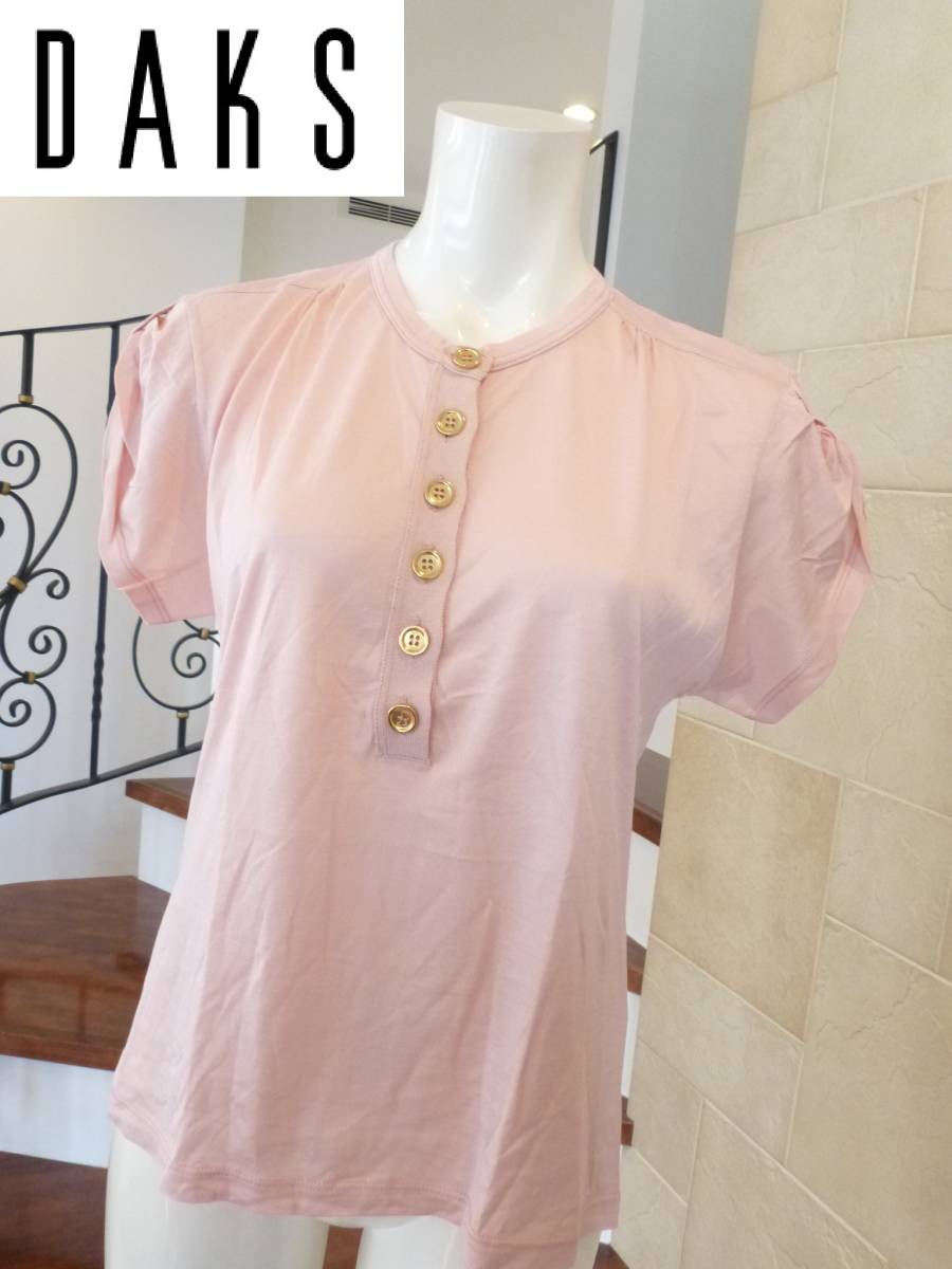 2万 超美品 DAKS(ダックス) ★イタリア製 高級感 ピンク×ゴールドボタン 半袖 シャツ カットソー M~L拍卖