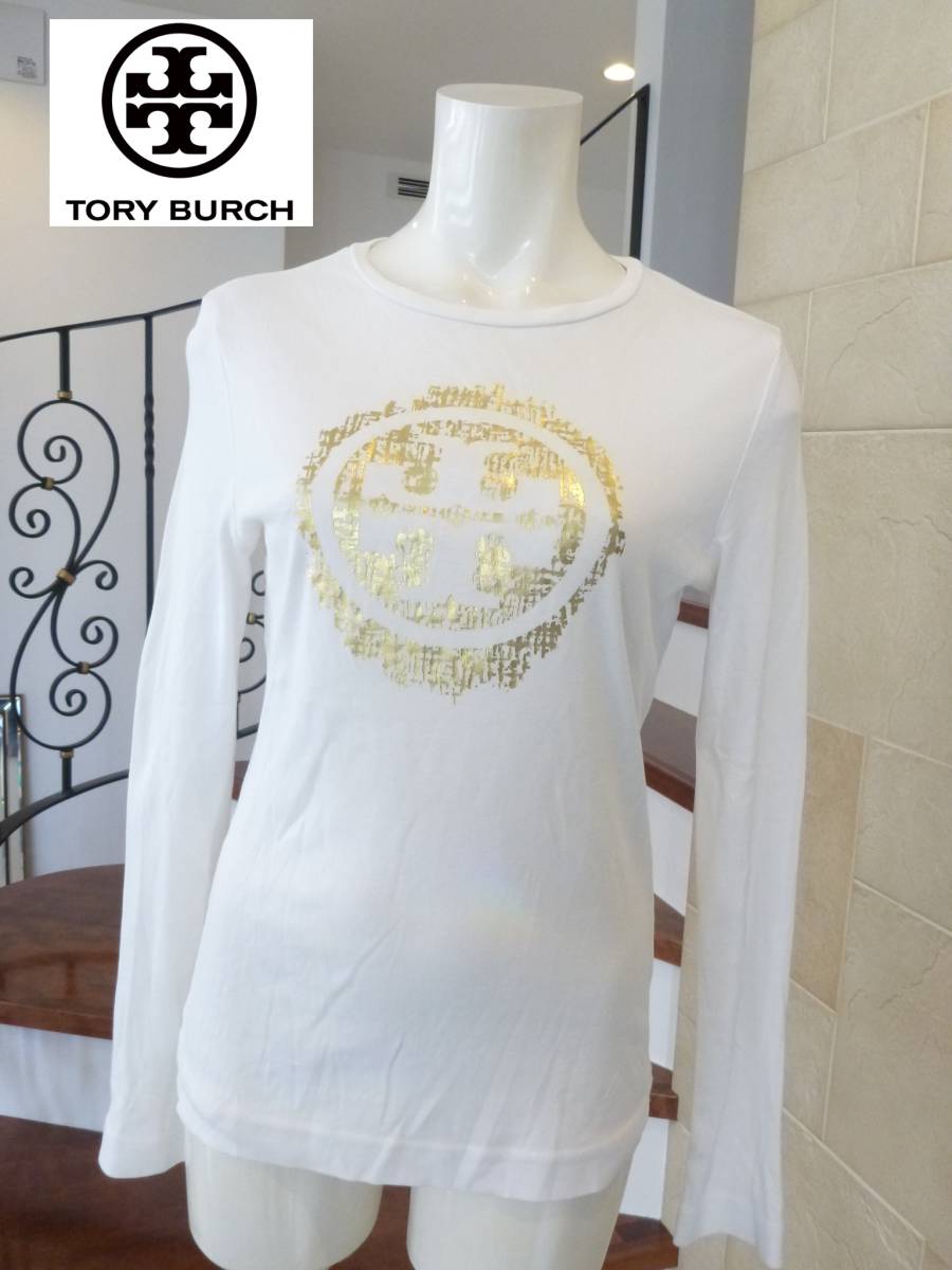 美品 TORY BURCH トリーバーチ ★ゴールドプリント 白 長袖 Tシャツ S拍卖