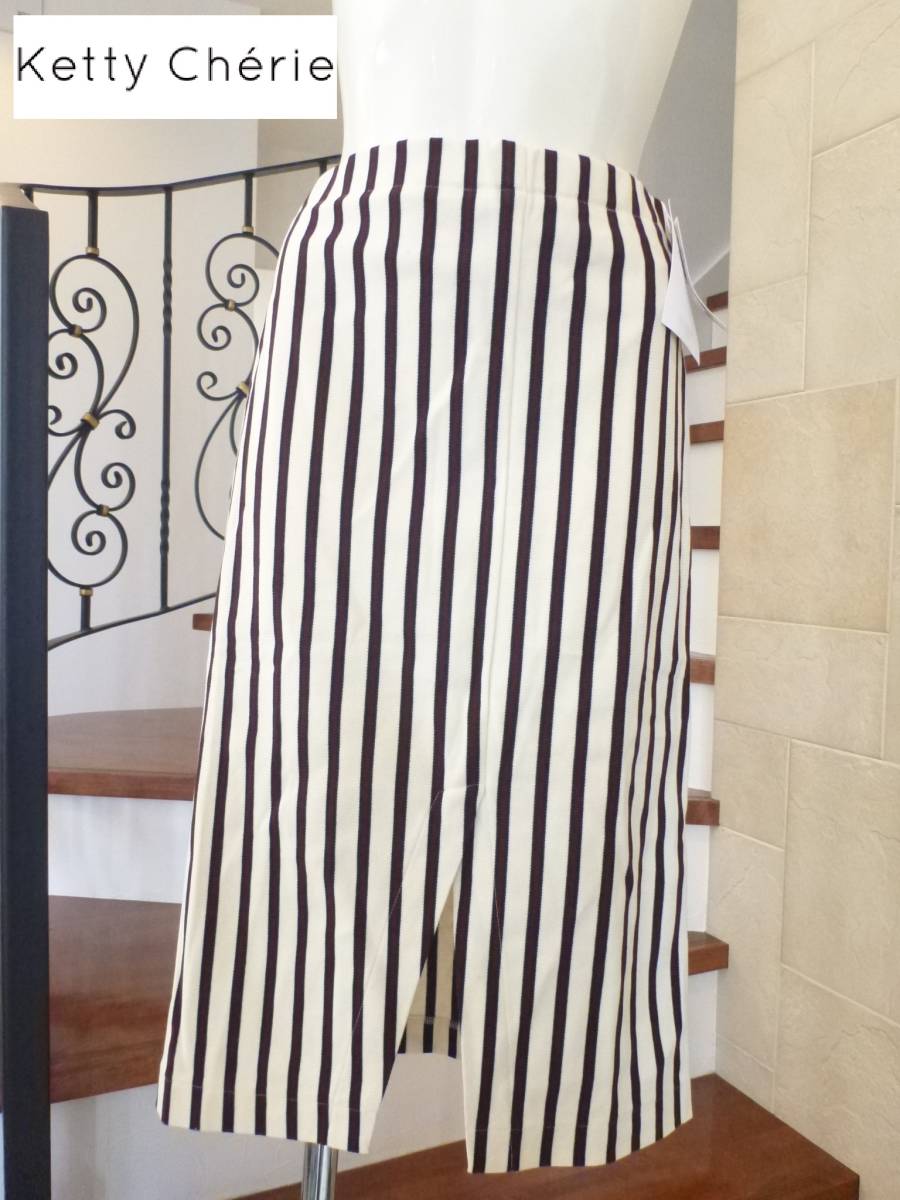 1万 新品 ケティシェリー(ketty cherie) ★アイボリー×黒×赤茶 ストライプ柄 ジャージー素材スカート 1 S相当拍卖