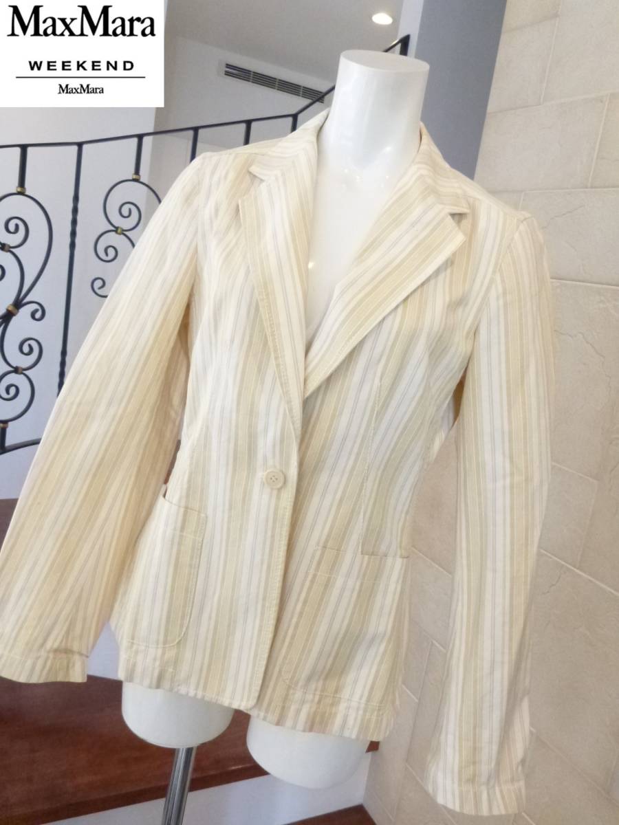 美品 Max Mara マックスマーラ ウィークエンド ★イエローベージュ×アイボリー ストライプ柄 カジュアル ジャケット 40 M相当拍卖