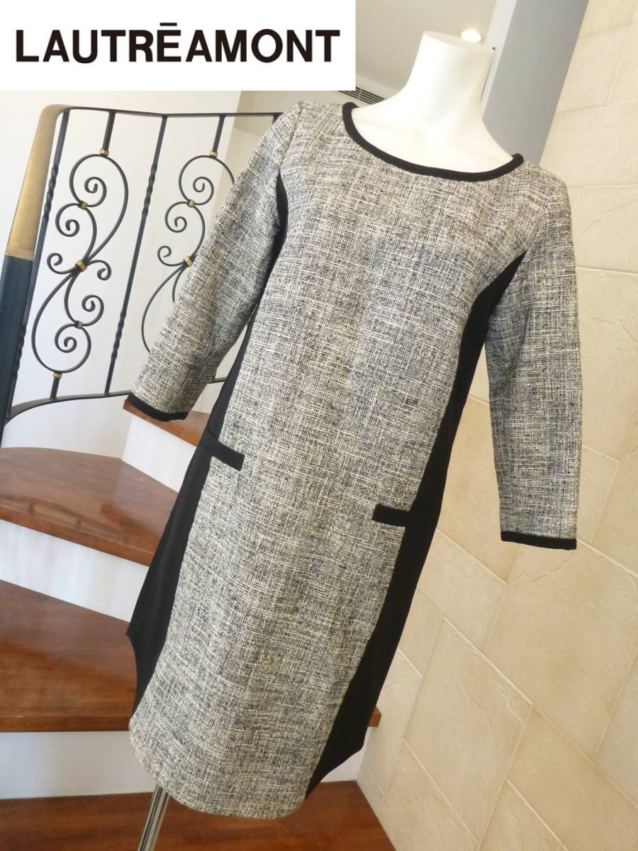 3万 超美品 LAUTREAMONT ロートレアモン ★ 黒×黒白ツイード ワンピース 38 M相当拍卖