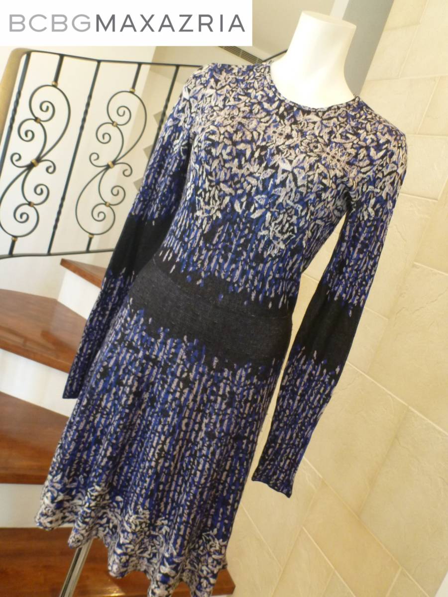 3.5万 BCBG MAXAZRIA BCBGマックスアズリア ★黒×青×グレー シルク混ニット 長袖 ニットワンピース S拍卖