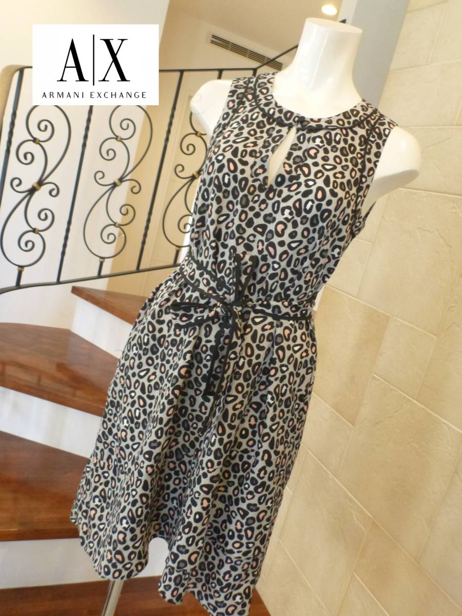 超美品 ARMANI EXCHANGE|アルマーニエクスチェンジ ★黒 グレー ピンク アニマル柄 ロゴプレート ワンピース 0 S相当拍卖