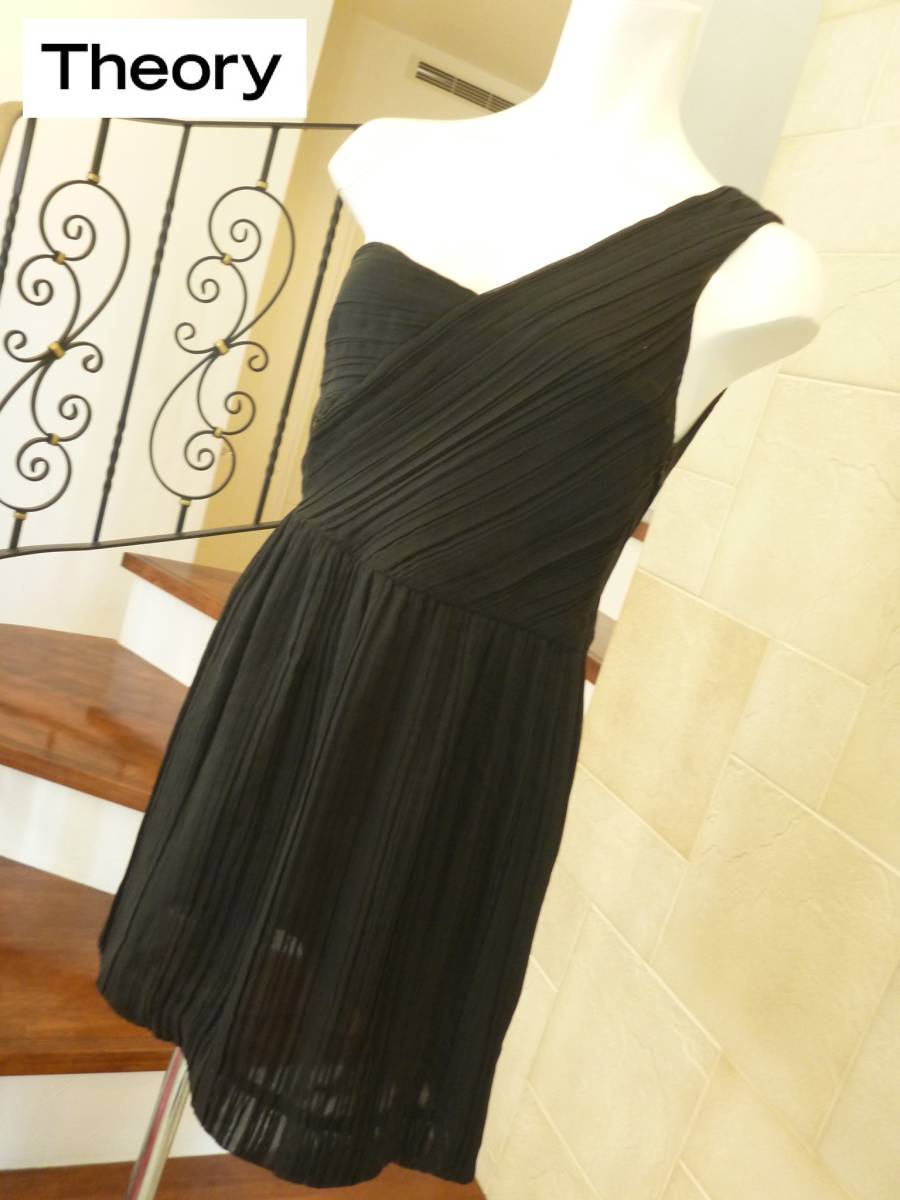 3万 美品 Theory セオリー★黒 プリーツ 肩出しセクシー トップス ワンショルダー チュニックワンピース S相当拍卖
