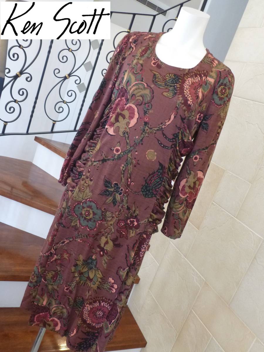美品 ケンスコット(KEN SCOTT)★茶×花柄 長袖 ワンピース 46 L~LL相当拍卖