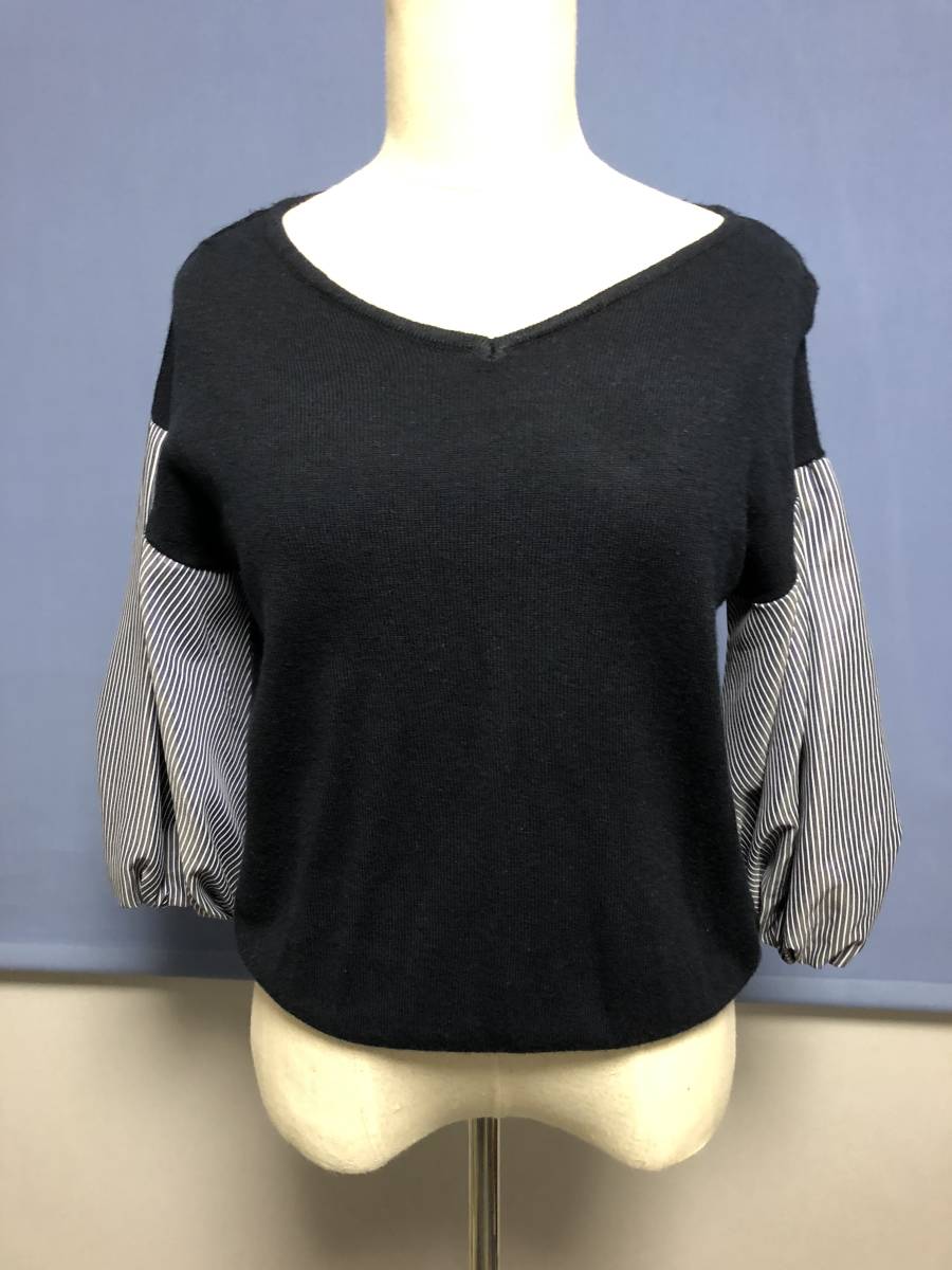 美品・Rose Farm・異素材ブラウス・パフスリーブ・紺色×ストライプ・サイズM・400円拍卖
