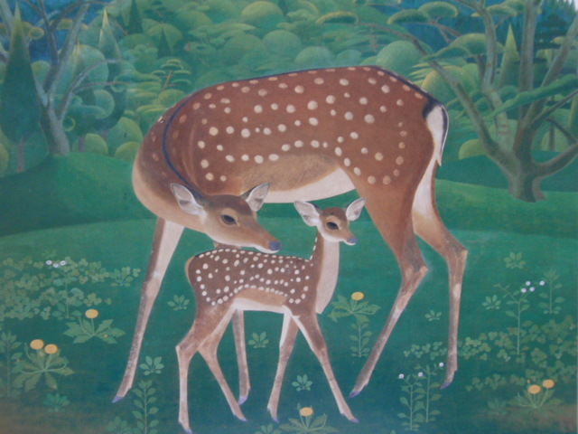 吉岡堅二、【奈良の鹿】、希少な大判額装用画集より、美品、日本人画家、新品額装付、送料込み拍卖