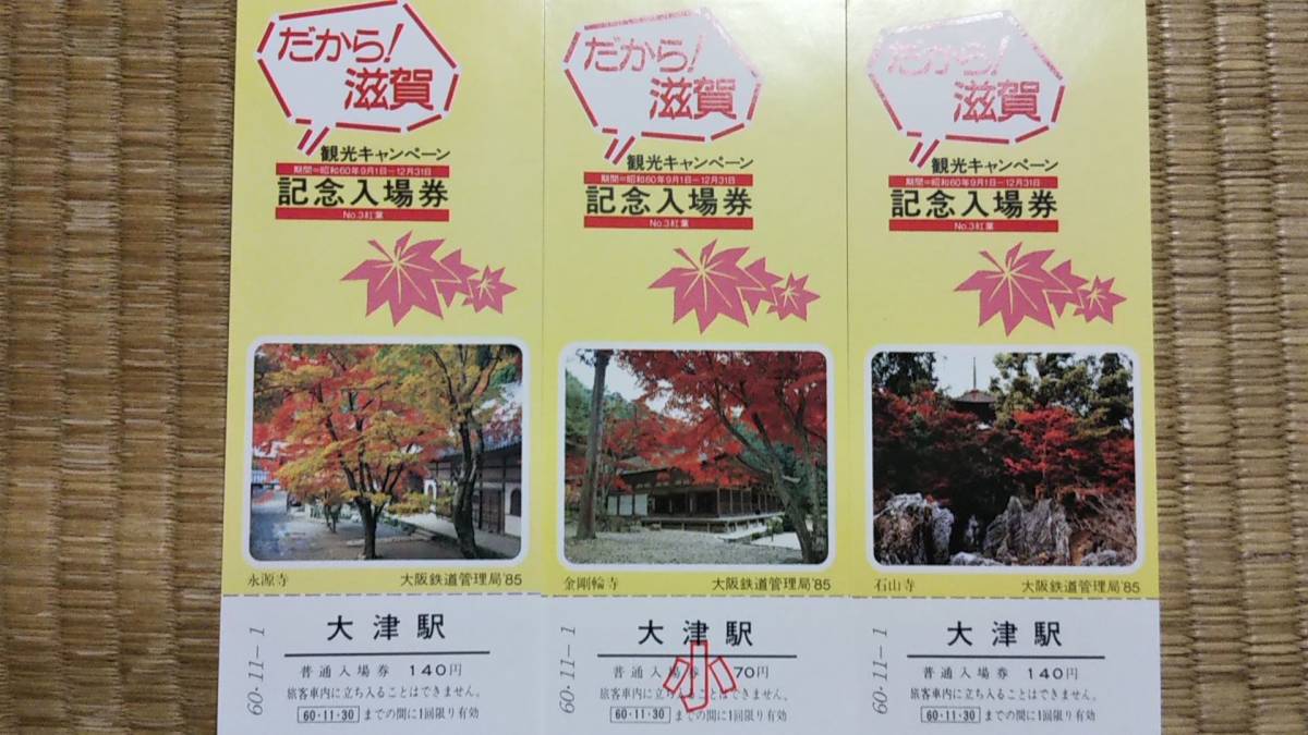 0110-36【国鉄記念きっぷ】だから!滋賀 観光キャンペーン記念入場券 大津駅 東海道本線 3種 タトウ付 昭和60年拍卖
