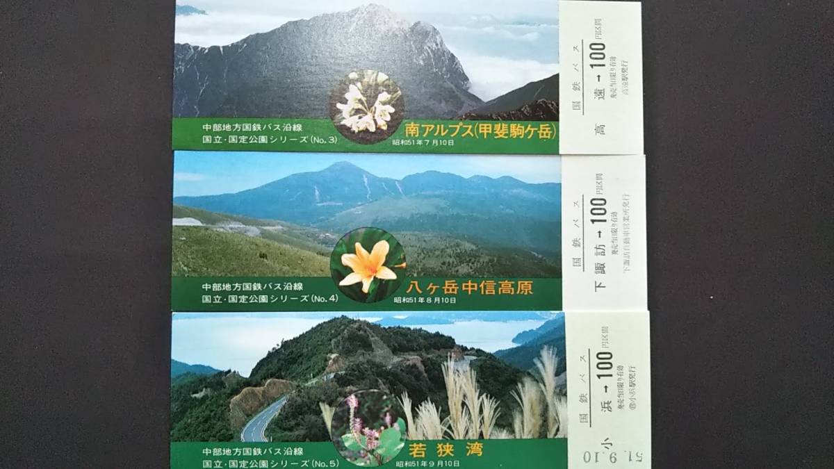 0130-81【国鉄バス記念きっぷ】国立・国定公園シリーズ 南アルプス 八ヶ岳 若狭湾 記念乗車券 高遠/下諏訪/小浜駅発行 昭和51年【3枚組】拍卖