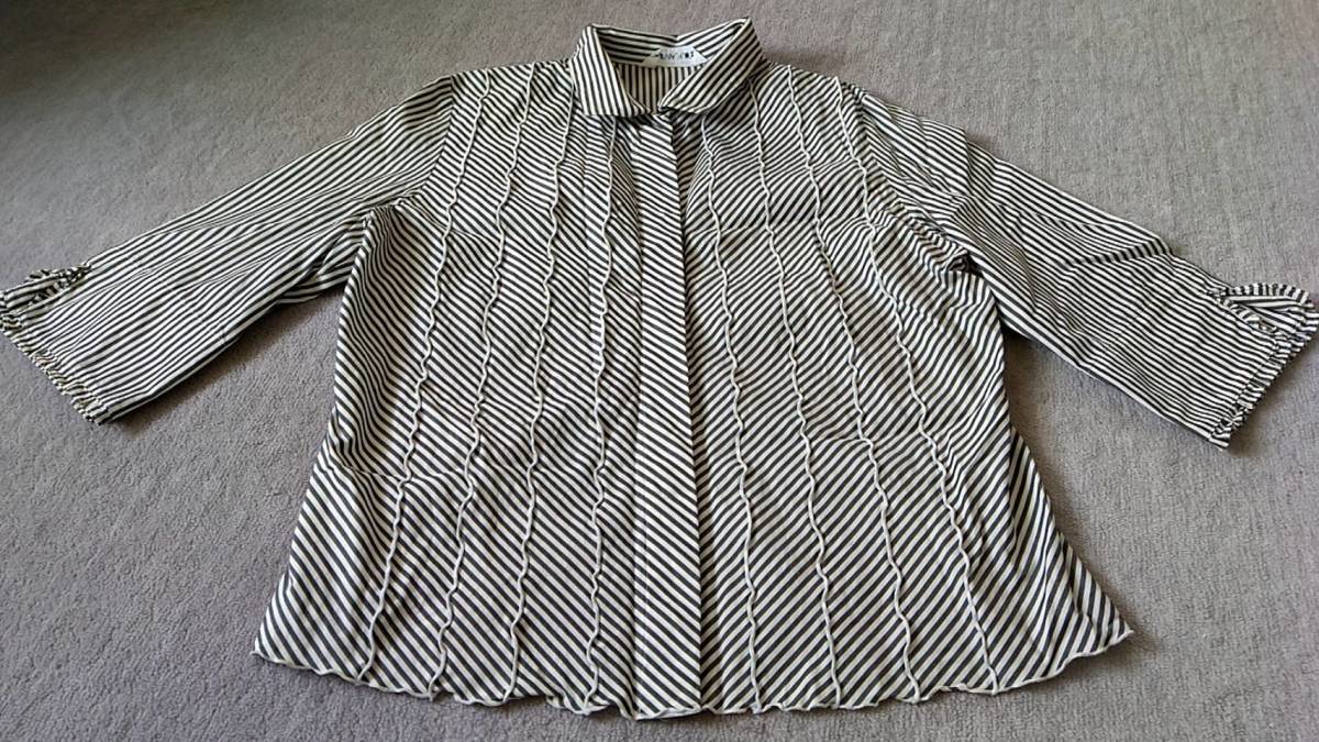 七分袖シャツ M~L 身幅53 ストライプ フリル 袖まくれる拍卖