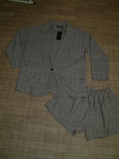 新タグ!春夏 茶系チェック柄ジャケット×ショートパンツSET セットアップ サイズF拍卖