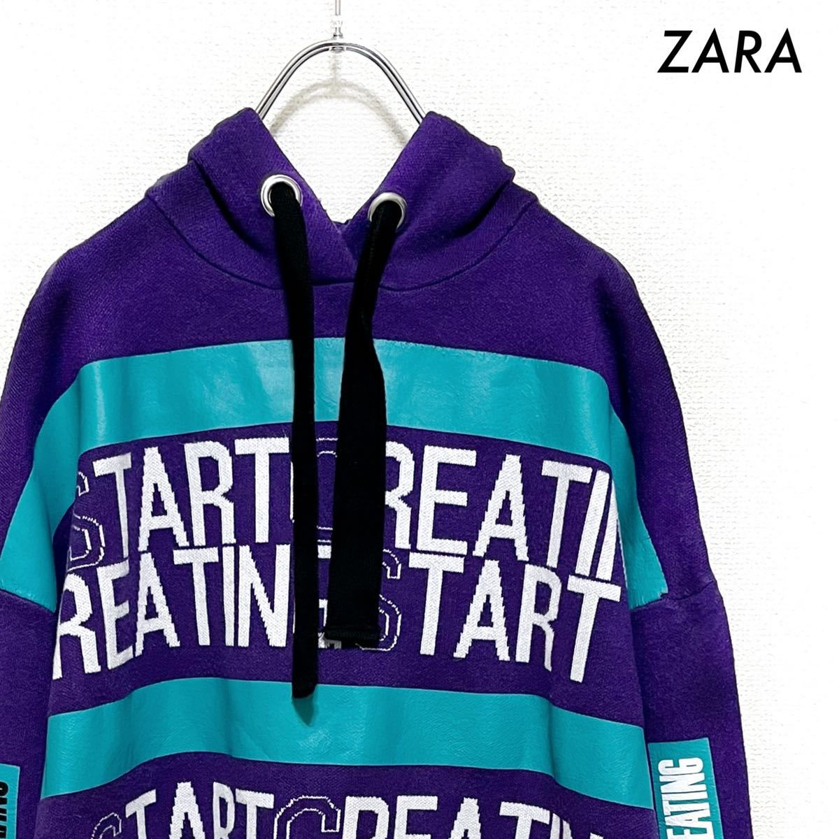 ZARA ザラ★長袖パーカー ニット素材 英語入り パープル 紫 メンズ拍卖