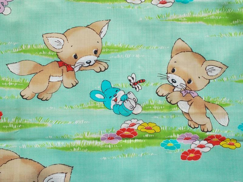 レトロビンテージ生地*若草色可愛いキツネ?とうさぎ達・A・モスリン・96×95☆リメイクハギレ布拍卖