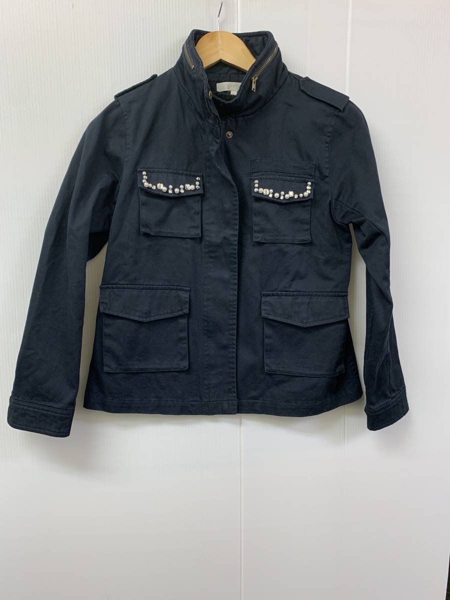 x867★grove 長袖ビジュー付ジャケット ネイビー サイズM★春拍卖
