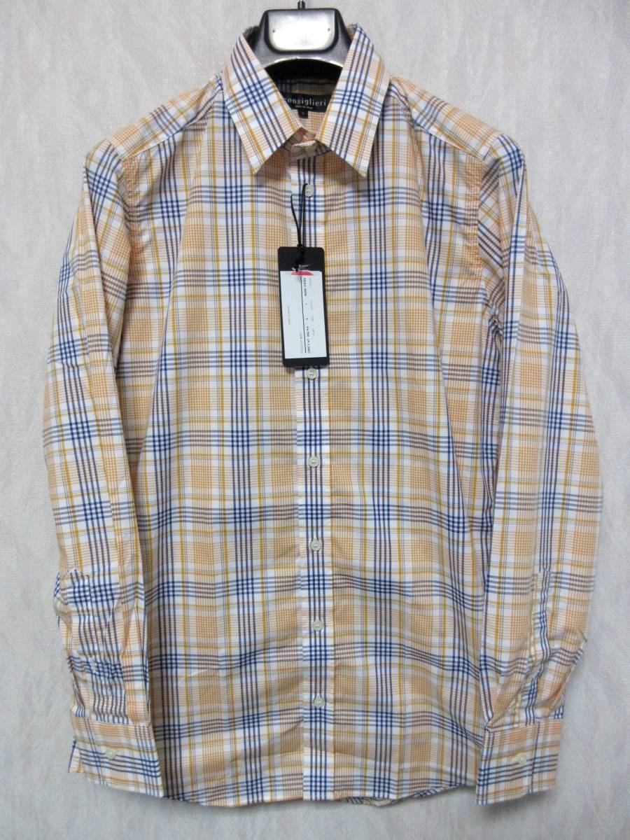 未使用品 コンシリエーリ 長袖 チェック柄 シャツ 白地 オレンジ 紺 ネイビー S コットン yg480拍卖