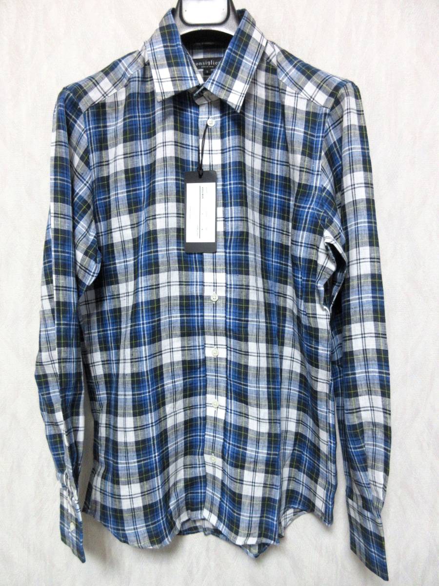 未使用品 コンシリエーリ 長袖 リネン チェック柄 シャツ 白 紺 ネイビー 黄色 S yg481拍卖