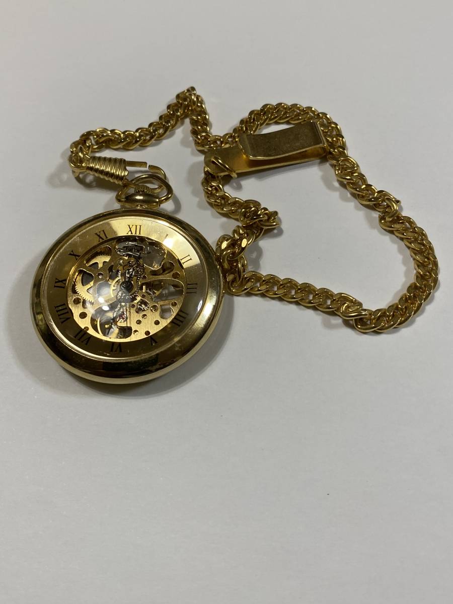 手巻き懐中時計 ゴールドメッキ 両面スケルトン 稼働品拍卖