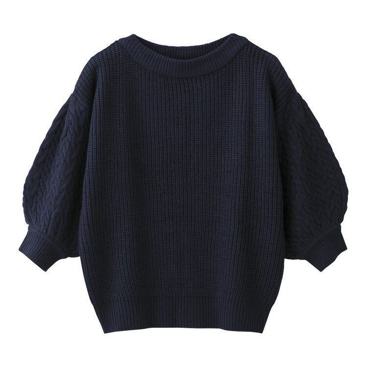 GU/ジーユー ケーブルパフスリーブセーター 7分袖 ネイビー 紺 M拍卖
