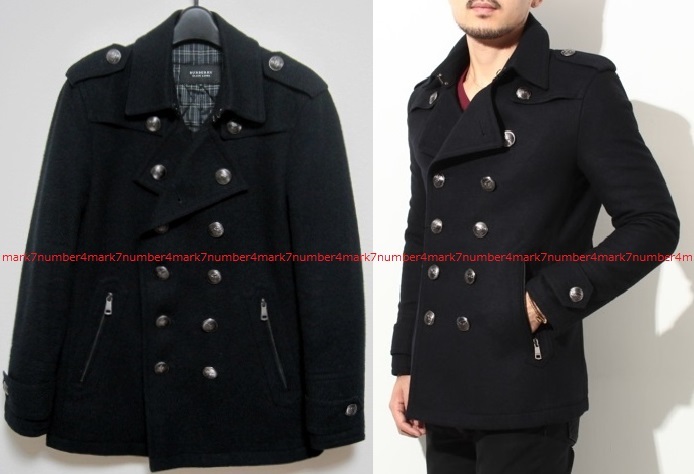 サイズL 極美品 BURBERRY BLACK LABEL 銀ボタン 羊毛 ナポレオン Pコート 中綿 ジャケット ダウン黒 トレンチ バーバリー ブラックレーベル拍卖