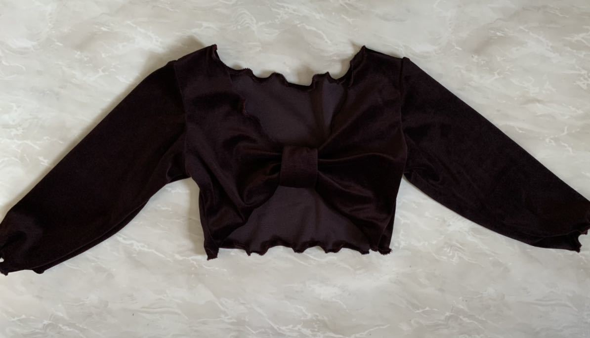 バレエ 7分袖ショートトップス リボン調 ボルドー ベロアニット 130拍卖