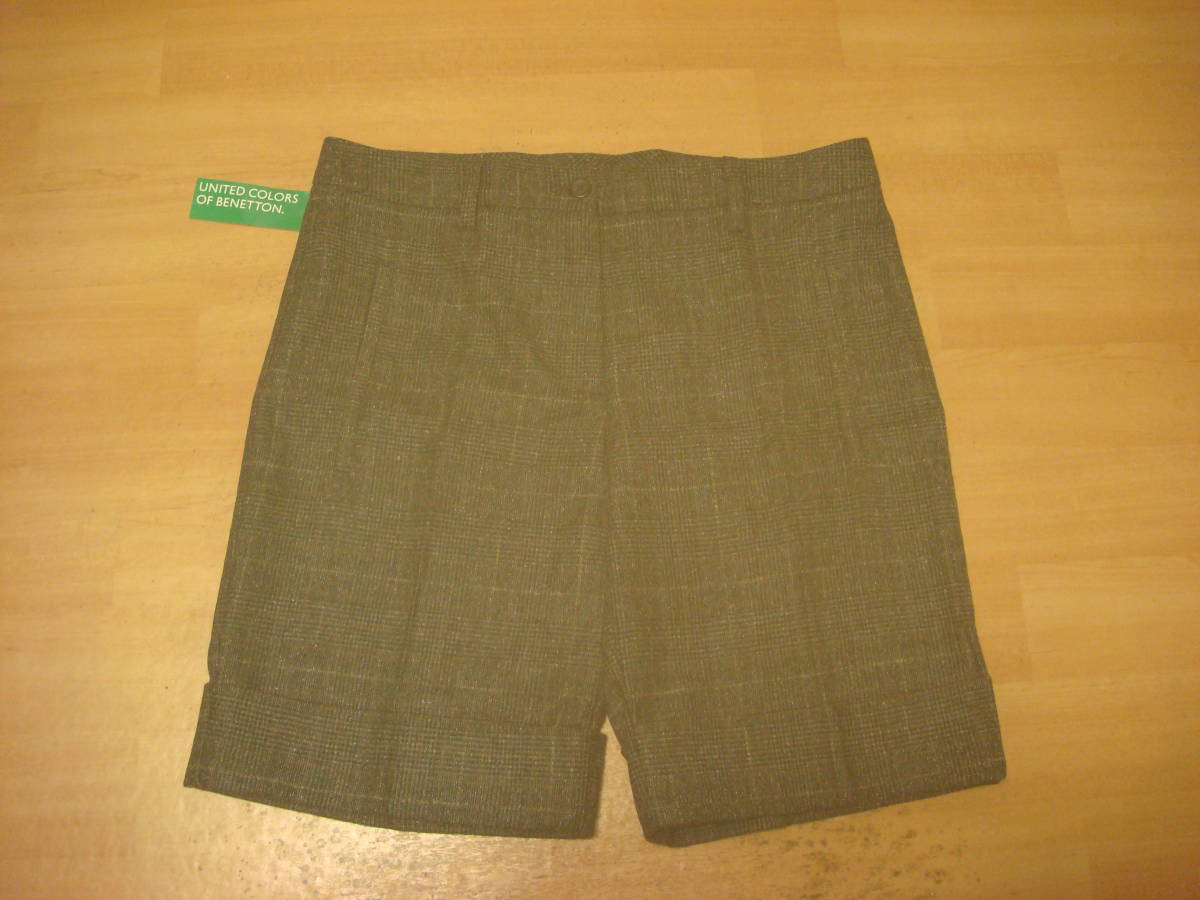 大きいサイズ ベネトン チェック柄 ショート丈 パンツ グレー系 タグ付き未使用 新品 42 L LL拍卖