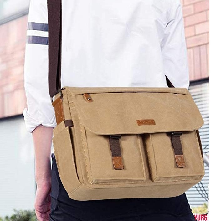 キャンバス ショルダーバッグ 大容量 バックル キャリーオン 耐久性 防水性 ポケット多 14インチPC 通勤 通学 アウトドア カーキ拍卖