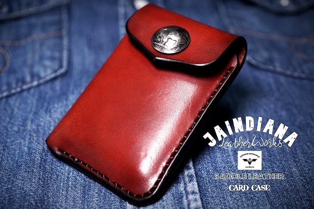 ハンドメイド/サドルレザー カードケース ビンテージ染めバーガンディー拍卖