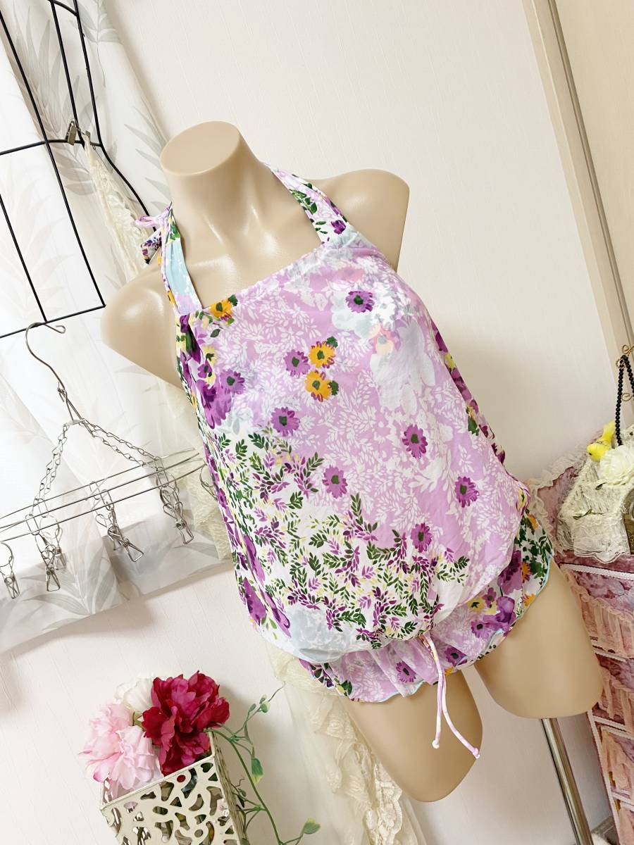 ●レディス水着 S●Angel Luna◆ワイヤービキニ*シフォンふぉルターネック水着ラッシュガード:白地にパープル系 定価:4,980+税拍卖