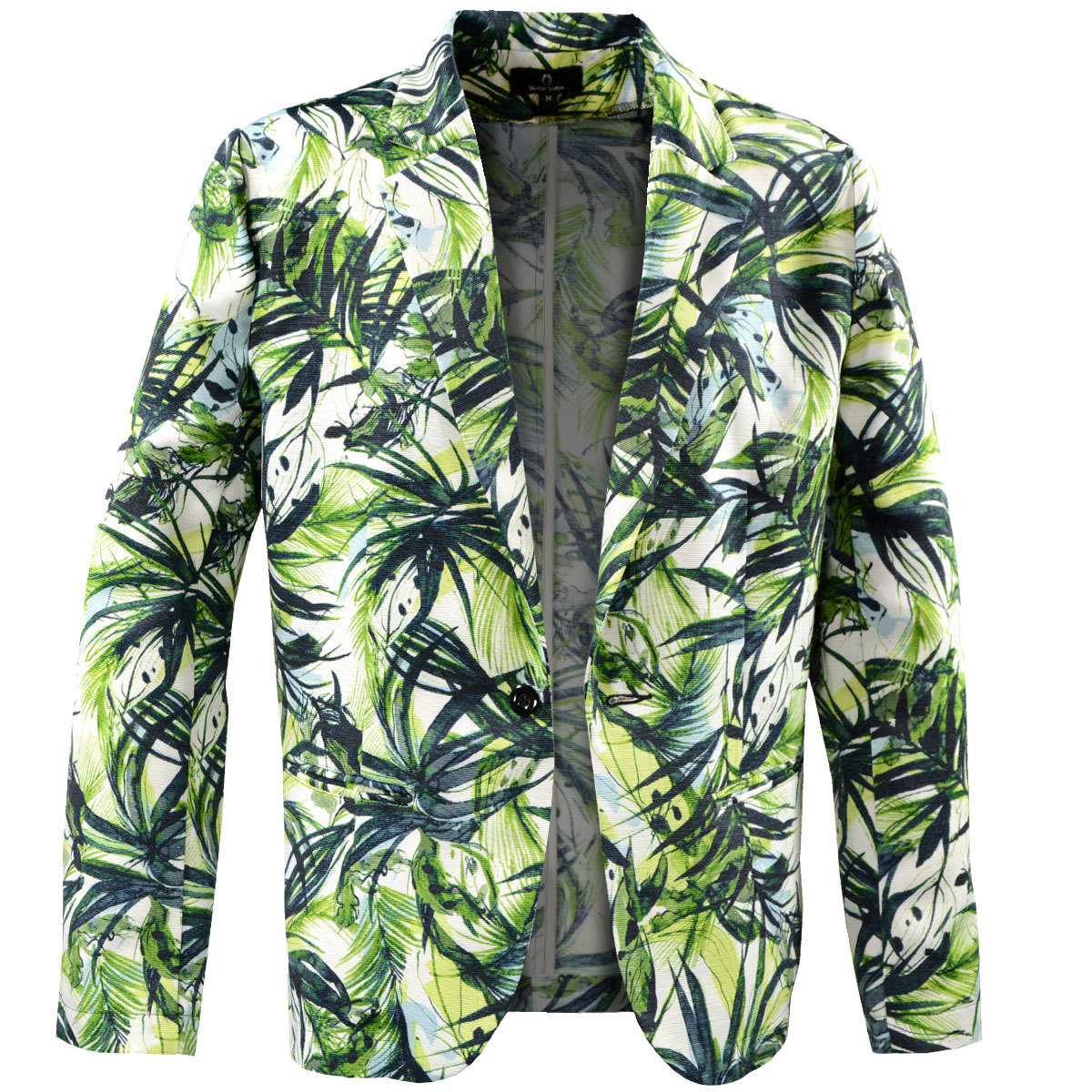 3#181203-grwh ブラックバリア グログラン リーフ 葉柄 1釦テーラードジャケット メンズ(グリーン緑ホワイト白) L 裏地なし オフタイム拍卖