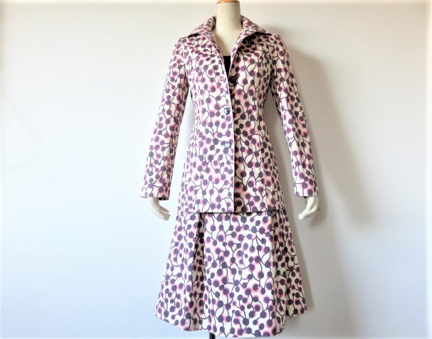 ■新品 美品 未使用【spec store】高級 コットン スーツ 日本製【2・1】9号 7号 日本製 ベージュ 紫色 サイケ レトロ S1689拍卖