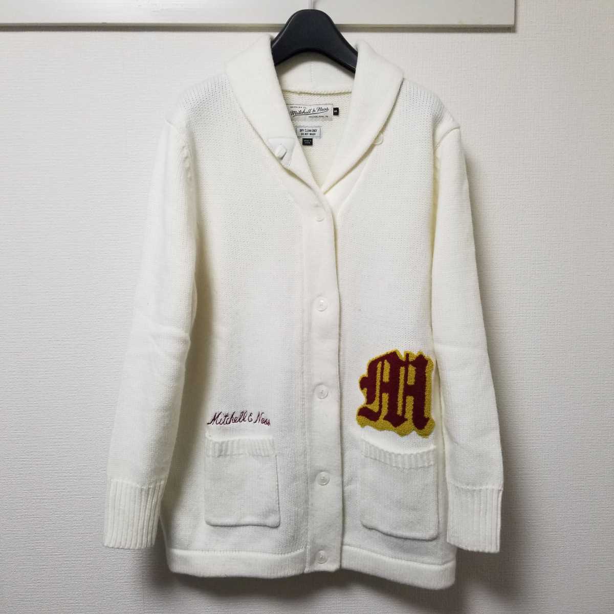 mitchell&ness ミッチェルアンドレス ふんわり柔らかいショールカラー ニットカーディガン ワッペン sizeS 白 ホワイト 03L2003拍卖