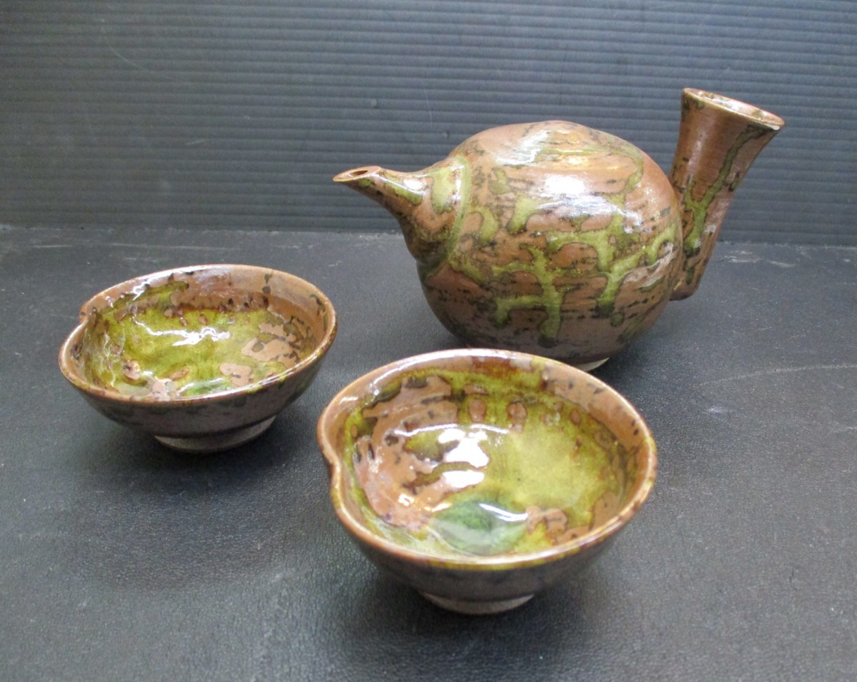 ★ 85187 山田焼 酒器 小林鳳山 3点セット 徳利 / お猪口 山田焼 酒器 鳳山 ぐい呑み 美品 ★*拍卖