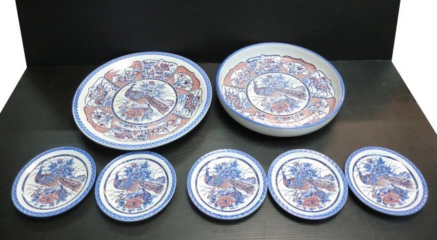 ★ 81008 和食器 孔雀 7点セット 【 大鉢 / 大皿 / 小皿 】 陶器 和食器セット 大皿セット 中皿 中古 ★*拍卖
