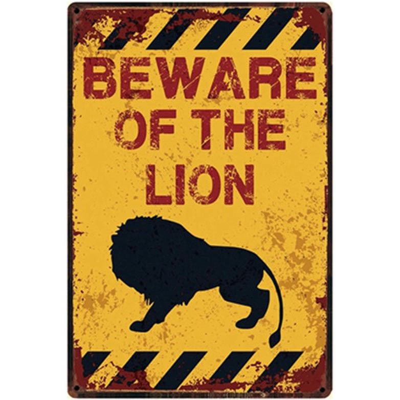 A473 メタル サイン ブリキ 看板 金属 製 プレート おもしろ 警告 注意 危険 防犯 威嚇 動物 猛獣 ペット ライオン【5879拍卖