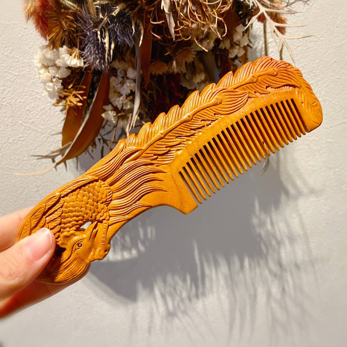 鳳凰 桃の木 彫刻 櫛 運気アップ 厄除け お守り プレゼント くし クシ ブラシ拍卖