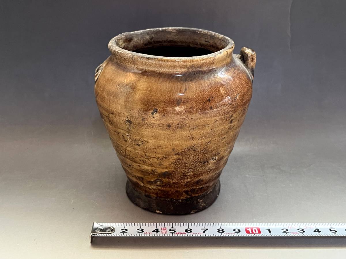 壷■時代物 古黄瀬戸耳付き小壺 口広瓶 江戸期以前 コレクター収集品 飴釉 古美術 時代物 骨董品■拍卖