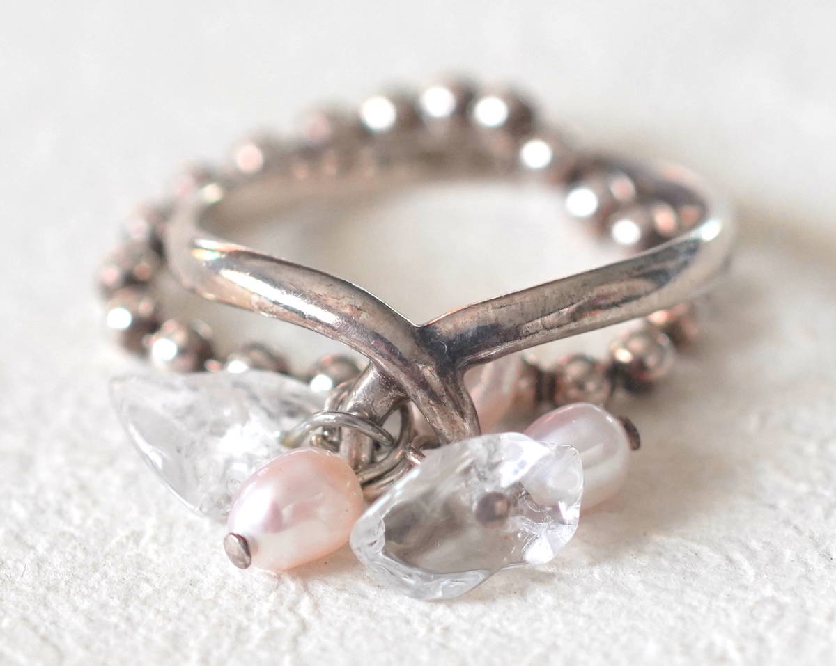 シルバー925製 水晶や淡水パール付き 二連リング拍卖