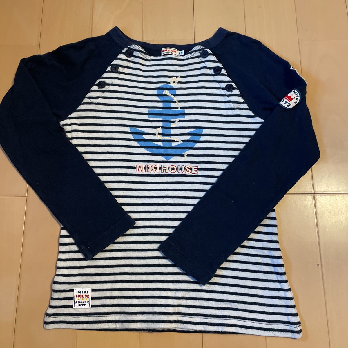 送料込み ミキハウス MIKI HOUSE サイズLS 長袖Tシャツ ロンT 紺色 イカリ柄 送料無料拍卖