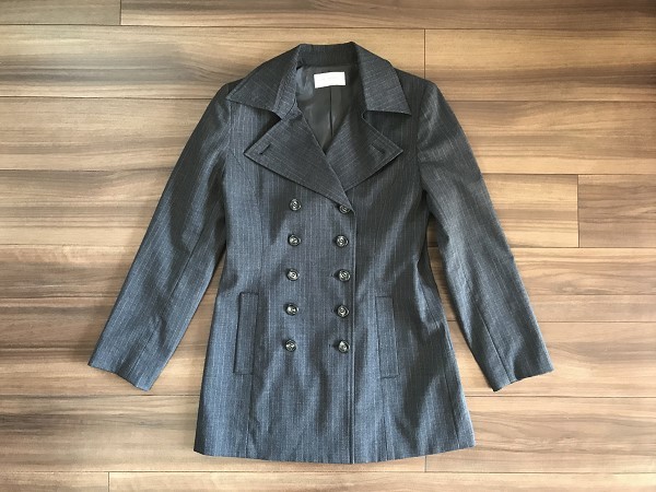 美品 AL GAFA アルガーファ テーラード ダブル ジャケット ダブルブレスト 薄手 ロング 2wayネック 濃いグレー シャドーストライプ拍卖