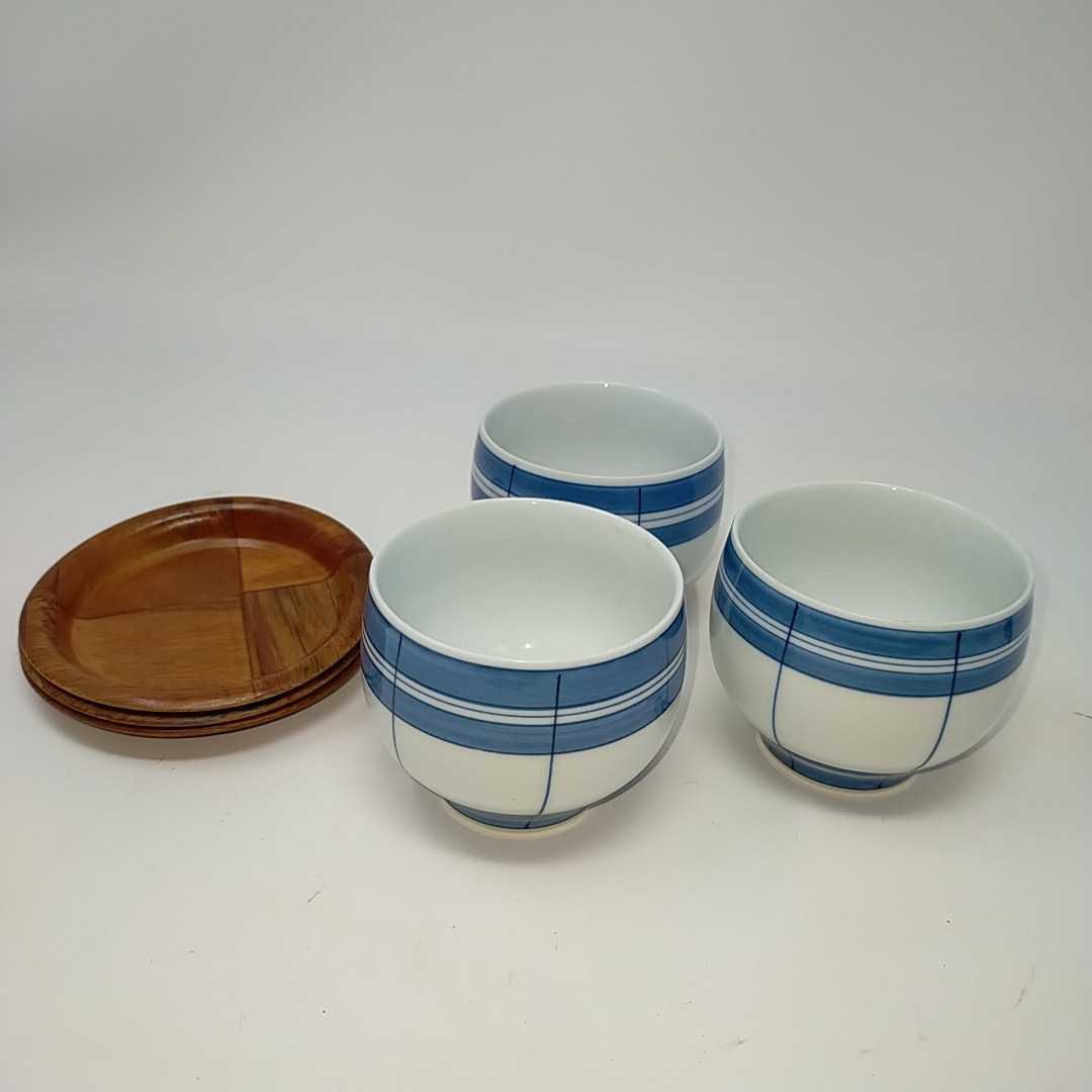 ●美品●龍栄 湯呑 茶托 本椿 3客セット 煎茶道具 湯呑受け コースター 木製 お茶 陶器 コップ S拍卖
