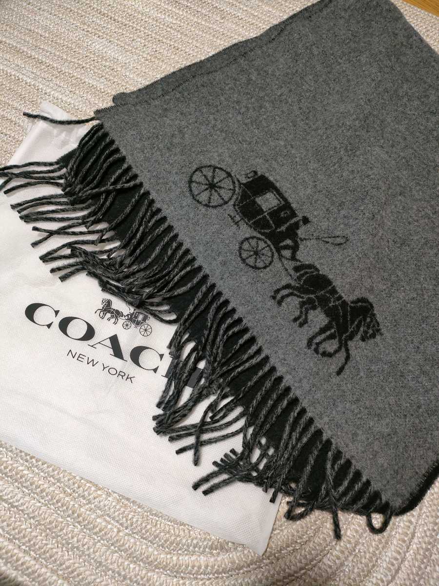 新品 未使用 定価39600 イタリア製 COACH 大判 ウール リバーシブル マフラー ブラック 黒 グレー コーチ拍卖