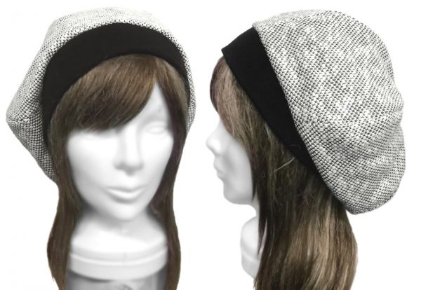 ◇送料無料◇ ハンドメイド◆リブ付ベレー帽◆コットンツイードニット/オフホワイトmix ◇ゆったりサイズ・小顔効果・長いシーズン着用◇拍卖