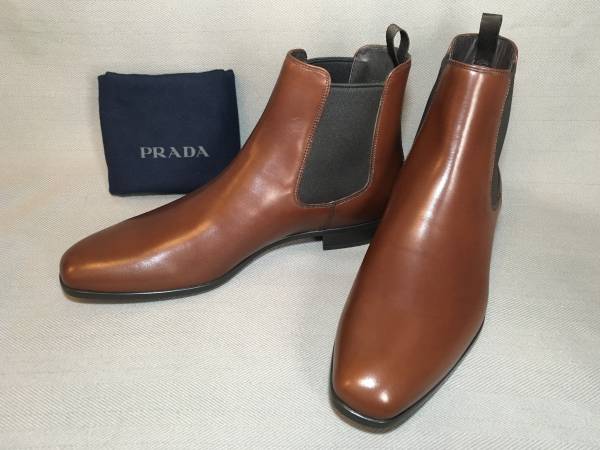 新品 プラダ サイドゴア レザー ブーツ 7 茶 ブラウン PRADA 革靴 本革 カーフ拍卖