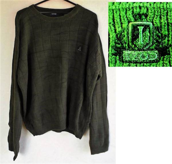 即決、IZODアイゾッド ロゴ刺繍入り厚手のコットン丸首ニットセーター メンズXL濃緑/美品~♪★拍卖