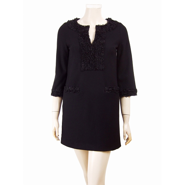 美品*エムプルミエブラック*Mpremier BLACK*黒*可憐レースフリル&煌めきラメ*圧縮風ウール*美女ワンピース*チュニック*ゆったりSサイズ相当拍卖