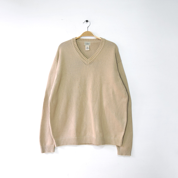 【送料無料】L.L.Bean コットンニット Vネック セーター メンズL LLビーン エルエルビーン ベージュ アウトドア 古着 CH0860拍卖