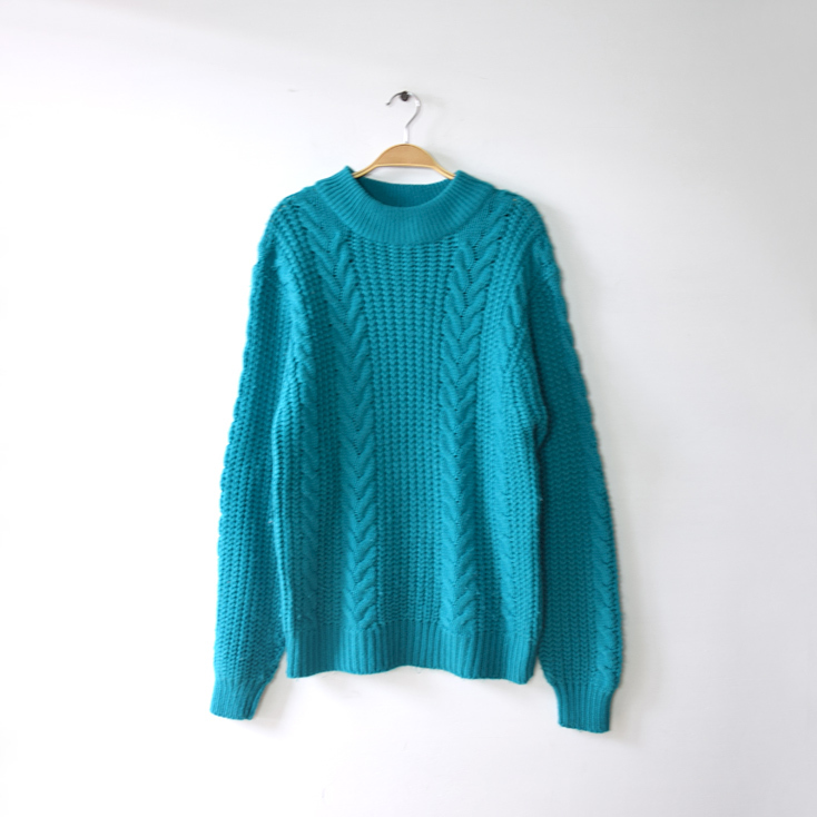 【送料無料】90S オールド モックネック セーター アクリルニット ケーブル編み レディースM 青緑色系 ヴィンテージ 古着 CH0866拍卖